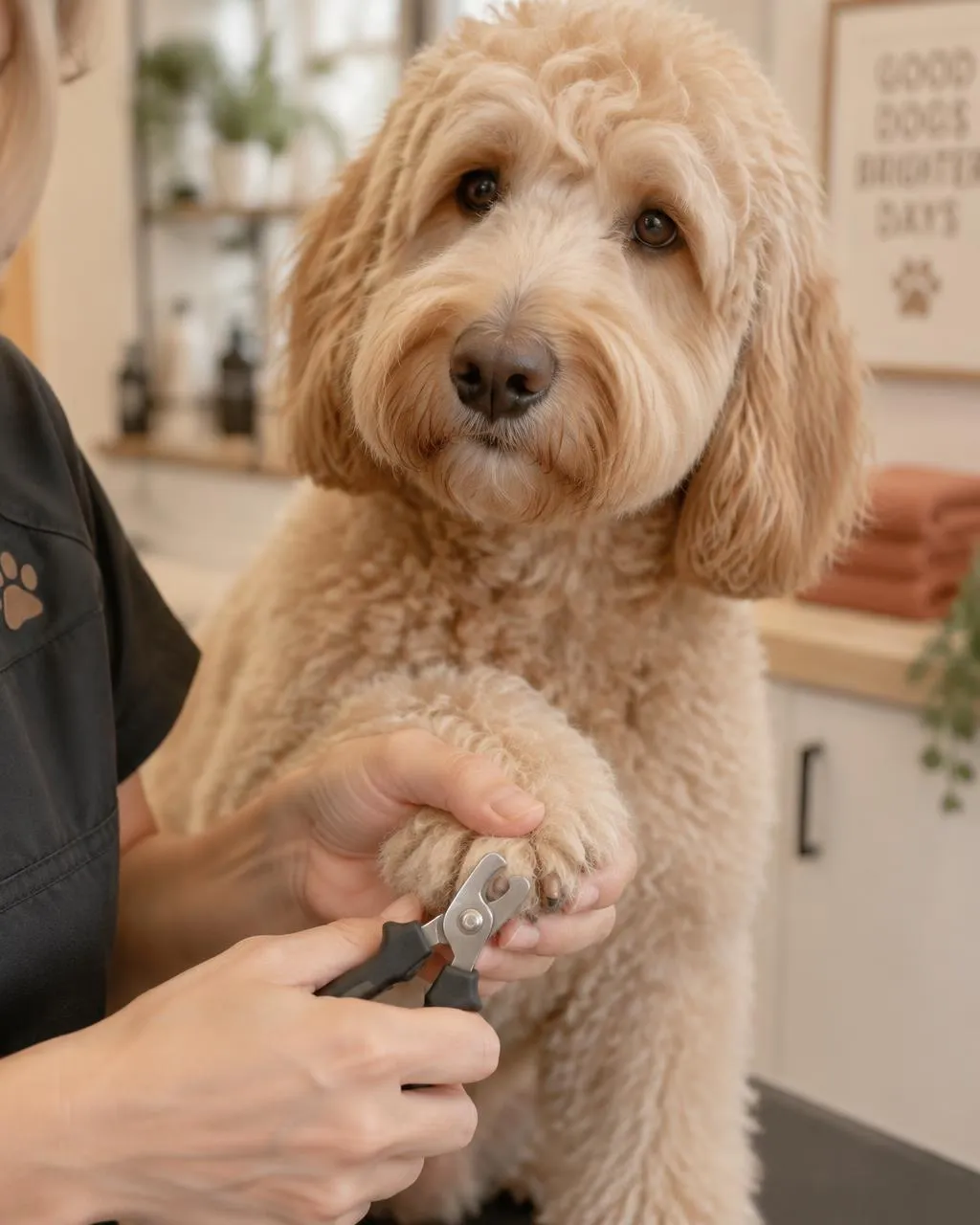 Een hand houdt voorzichtig een poot vast en knipt een nagel terwijl de doodle rustig toekijkt